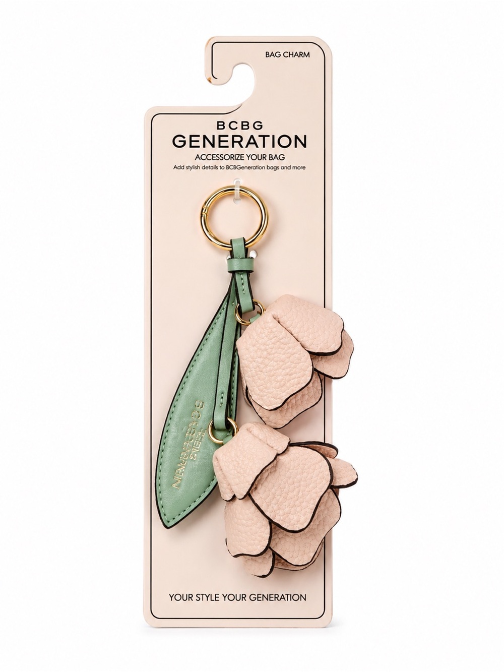 BCBGeneration Pink Flower & Green Leaf Leather Bag Charm with Gold Hardware